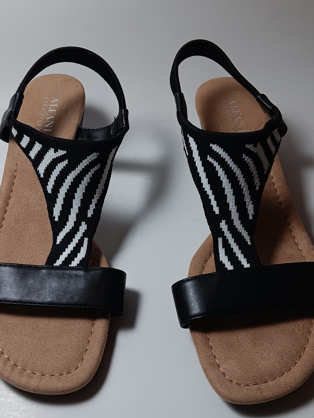 New Alfani Step Flex Zebra Print Stretch Strap Sandals Black Beige Women SZ 8